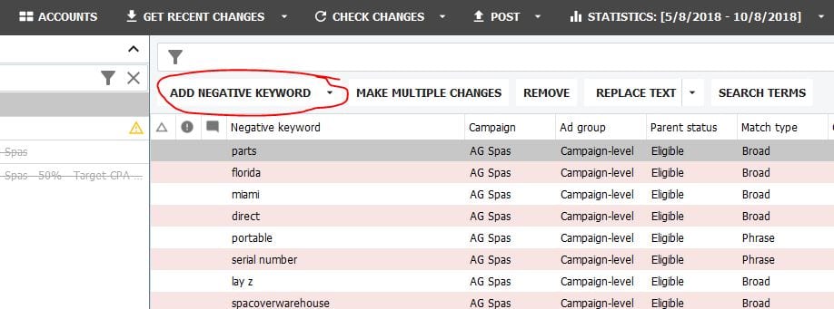 Add Negative Keywords to Google Adwords Editor