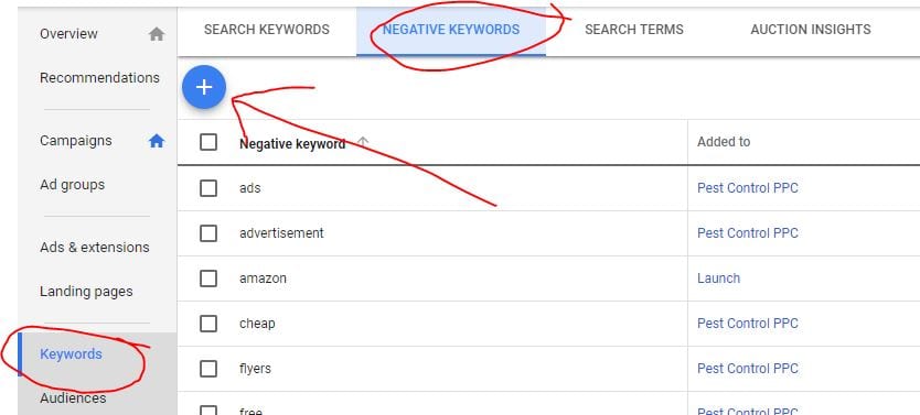 Where to Find The Negative Keyword Section